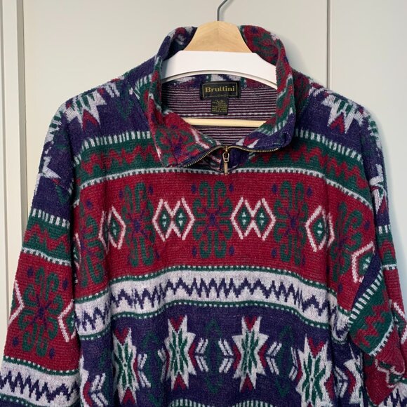 90s Vintage Bruttini Uomo Men's Geometric Mock Neck 3/4 Zip Fleece Sz Large - Picture 8 of 17